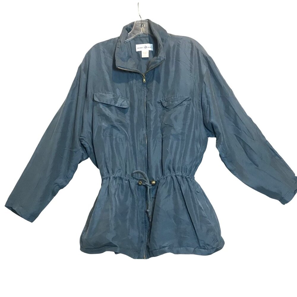 New Womens L Blue Silk Top Anorak Jacket Summer Lightweight